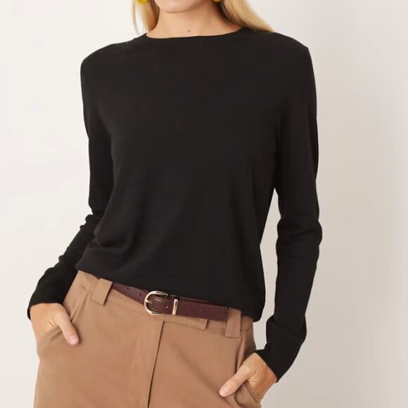 Mango Crewneck Lightweight Fine Knit Sweater S Black Long Sleeve Top MNG Round - Picture 1 of 3